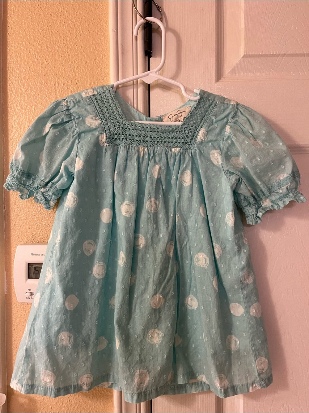 Jessica Simpson Light teal Polka Dot blouse with Smocked Yoke